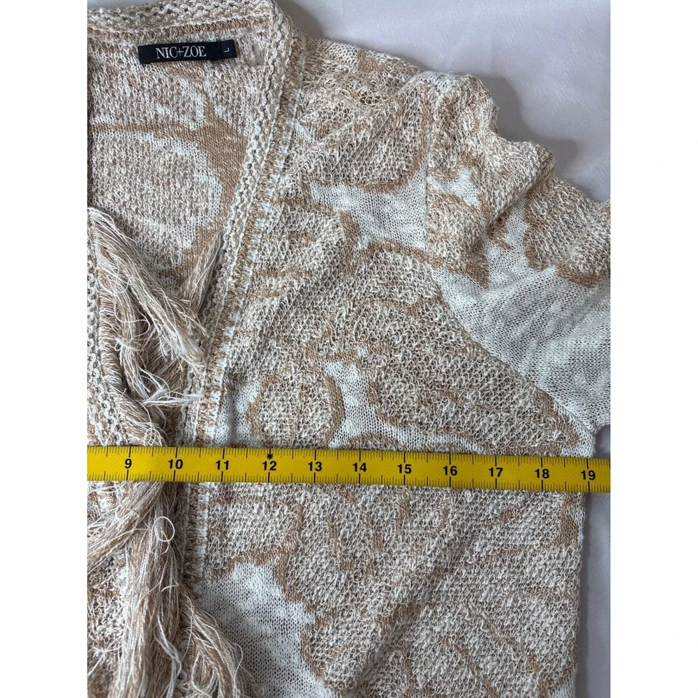 NIC+ZOE Tan Floral‎ Fringe Open Front Cardigan L Longline Southwestern Boho-Chic
